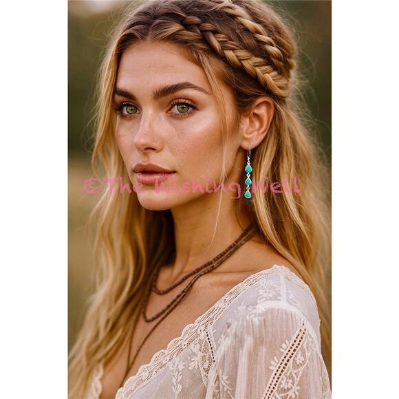 Three Stone Teardrop Turquoise Dangle Earrings| Sterling Silver 2” - Picture 3 of 4